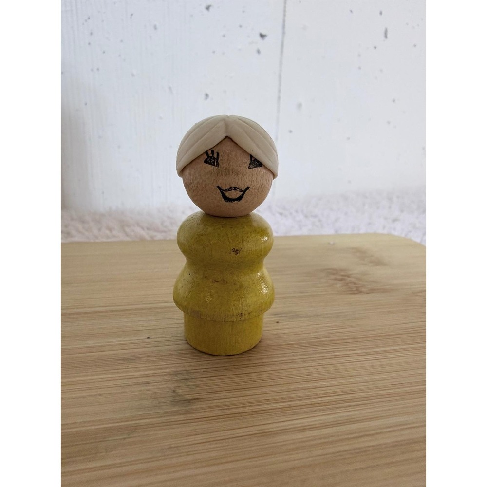 Fisher Price Wood Peg Person Figure White Hair Bun Yellow Body Vintage - Picture 3 of 6